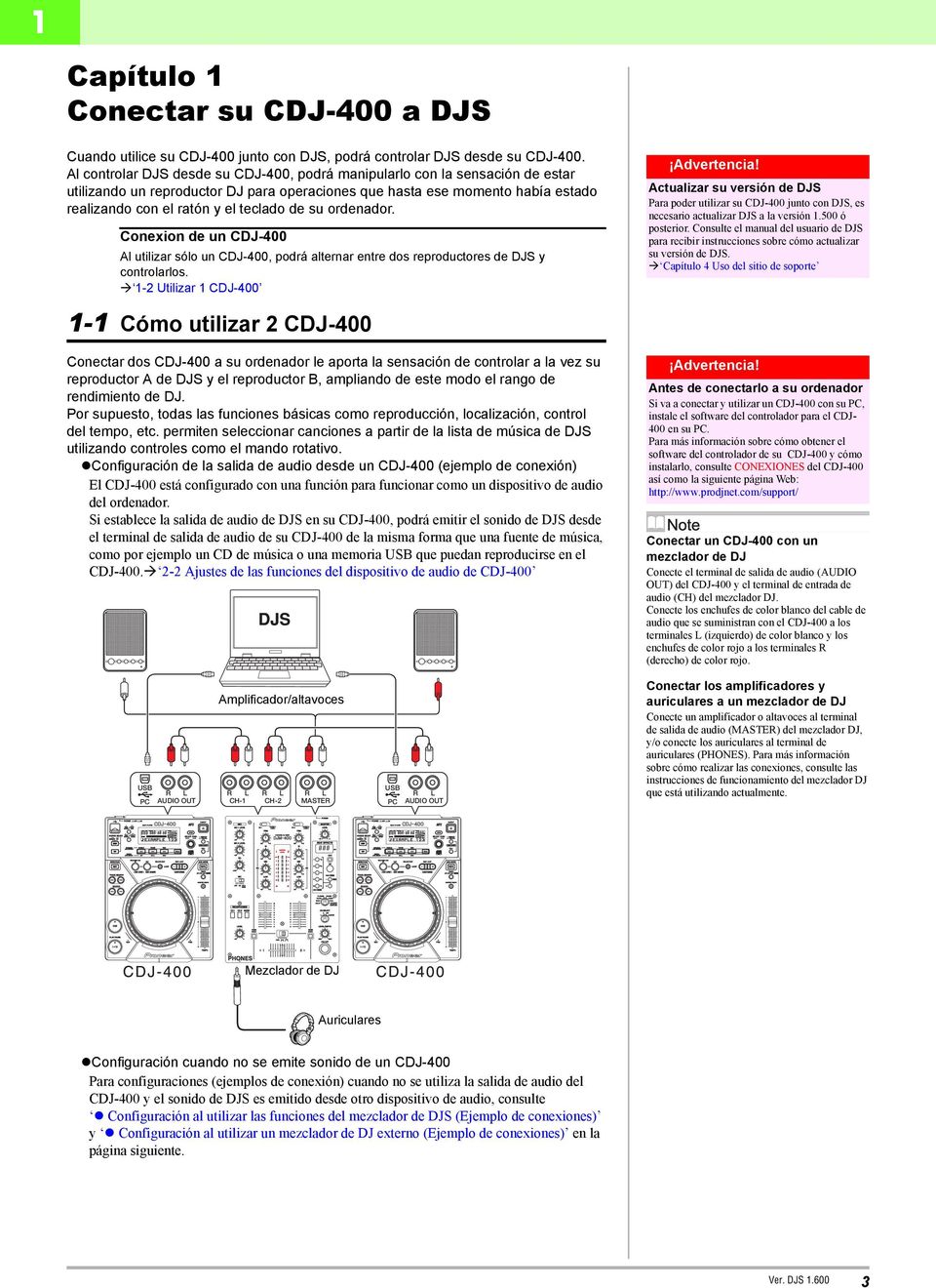 su ordenador. Conexion de un CDJ-400 Al utilizar sólo un CDJ-400, podrá alternar entre dos reproductores de DJS y controlarlos.