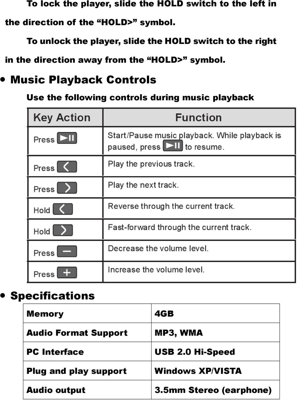 Music Playback Controls Use the following controls during music playback Specifications Memory Audio