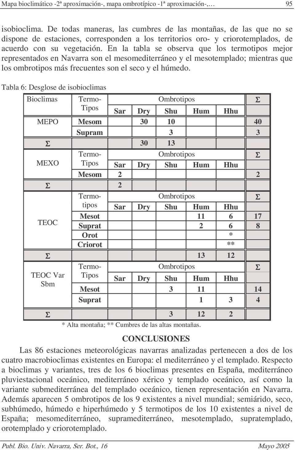 En la tabla se observa que los termotipos mejor representados en Navarra son el mesomediterráneo y el mesotemplado; mientras que los ombrotipos más frecuentes son el seco y el húmedo.