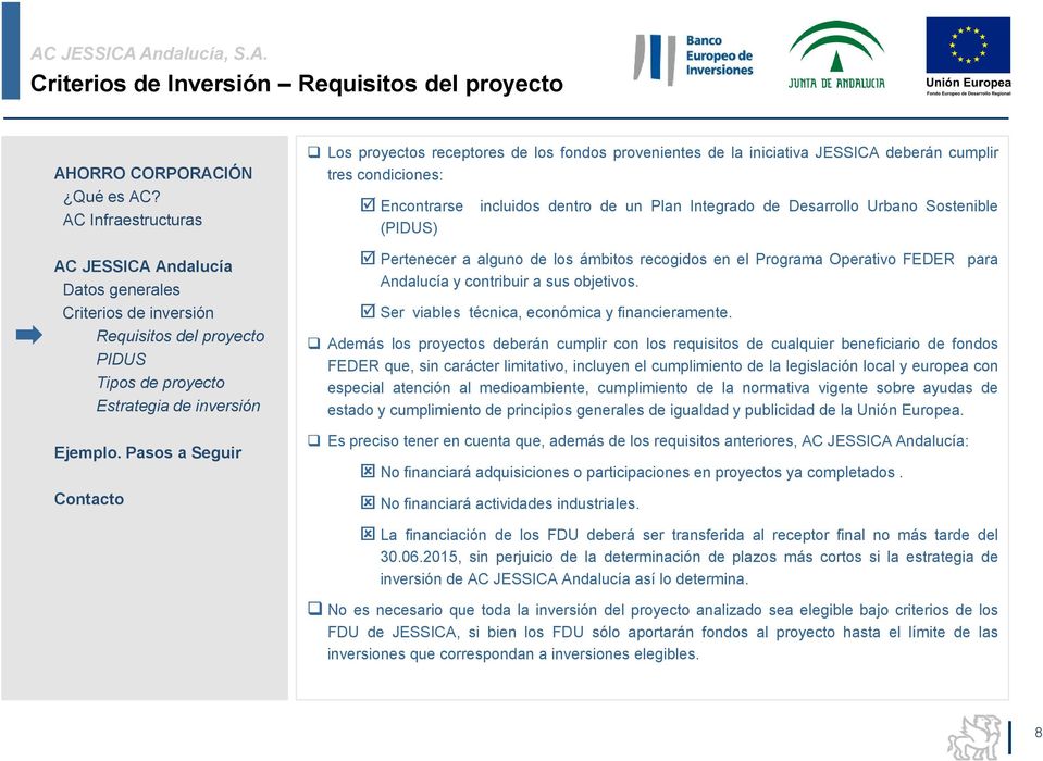 Integrado de Desarrollo Urbano Sostenible Pertenecer a alguno de los ámbitos recogidos en el Programa Operativo FEDER para Andalucía y contribuir a sus objetivos.