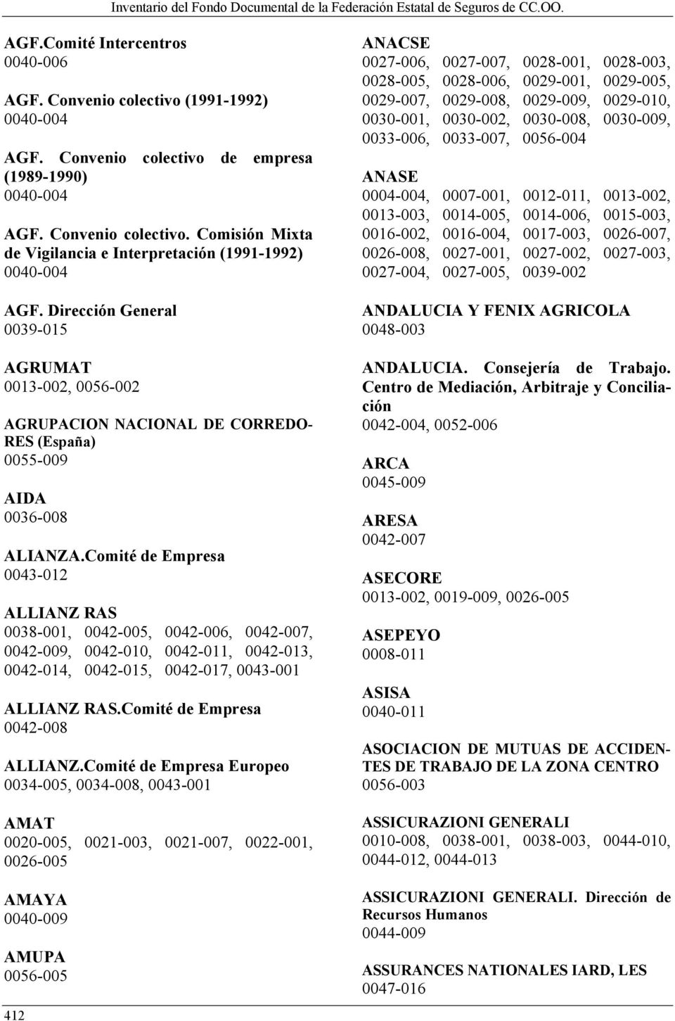 Dirección General 0039-015 AGRUMAT 0013-002, 0056-002 AGRUPACION NACIONAL DE CORREDO- RES (España) 0055-009 AIDA 0036-008 ALIANZA.