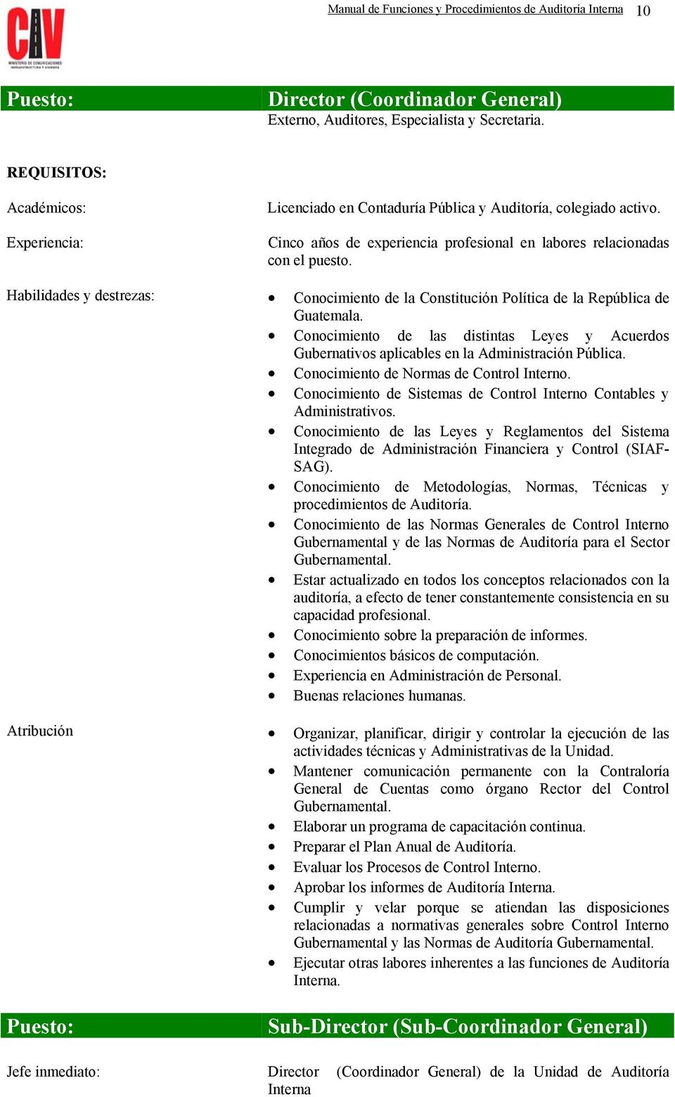 Habilidades y destrezas: Conocimiento de la Constitución Política de la República de Guatemala. Conocimiento de las distintas Leyes y Acuerdos Gubernativos aplicables en la Administración Pública.