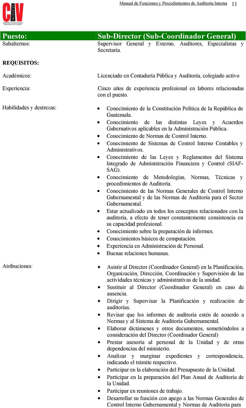 Habilidades y destrezas: Conocimiento de la Constitución Política de la República de Guatemala. Conocimiento de las distintas Leyes y Acuerdos Gubernativos aplicables en la Administración Pública.