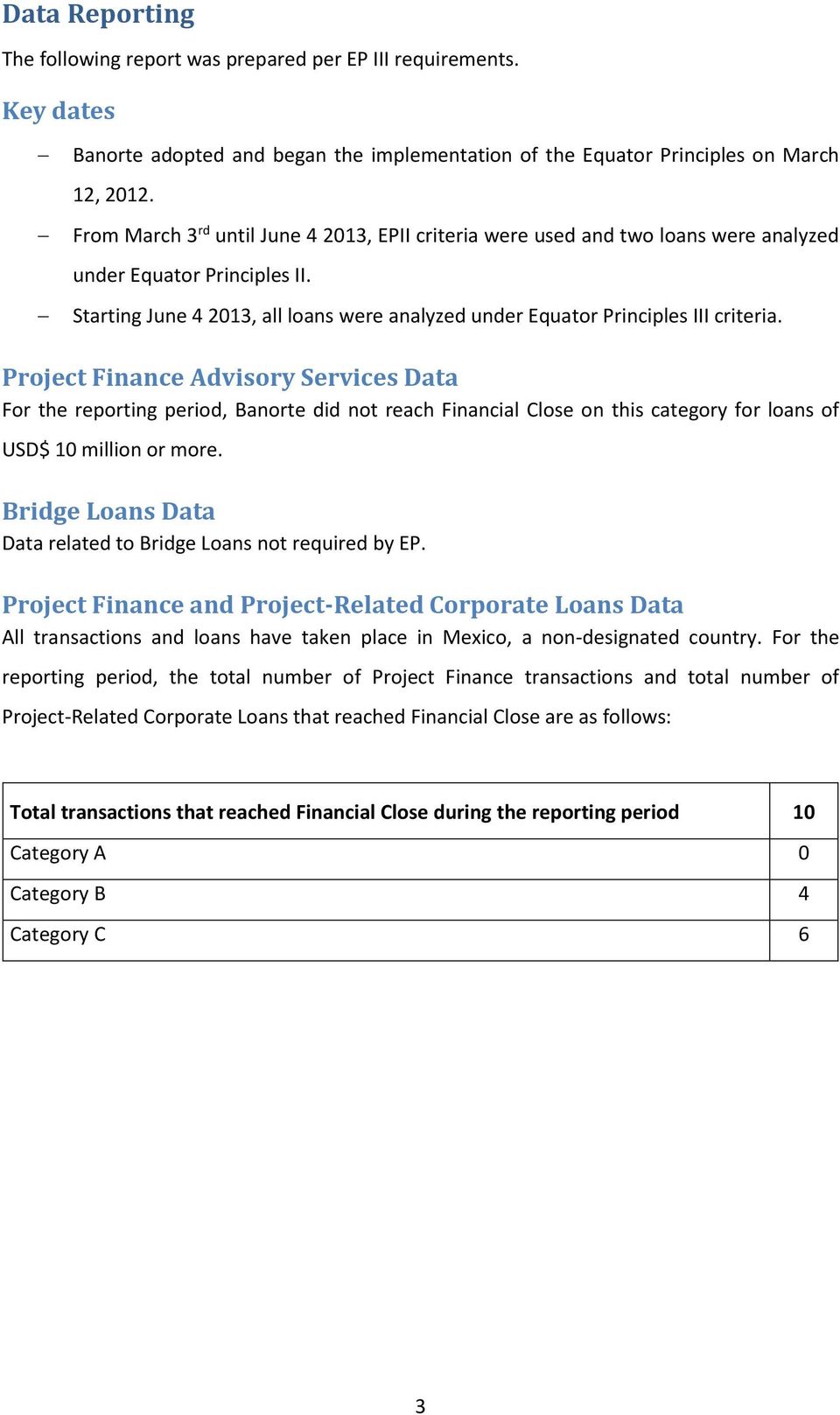 Project Finance Advisory Services Data For the reporting period, Banorte did not reach Financial Close on this category for loans of USD$ 10 million or more.