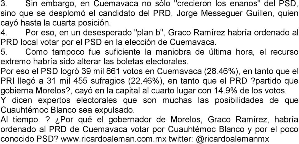 Como tampoco fue suficiente la maniobra de última hora, el recurso extremo habría sido alterar las boletas electorales. Por eso el PSD logró 39 mil 861 votos en Cuemavaca (28.