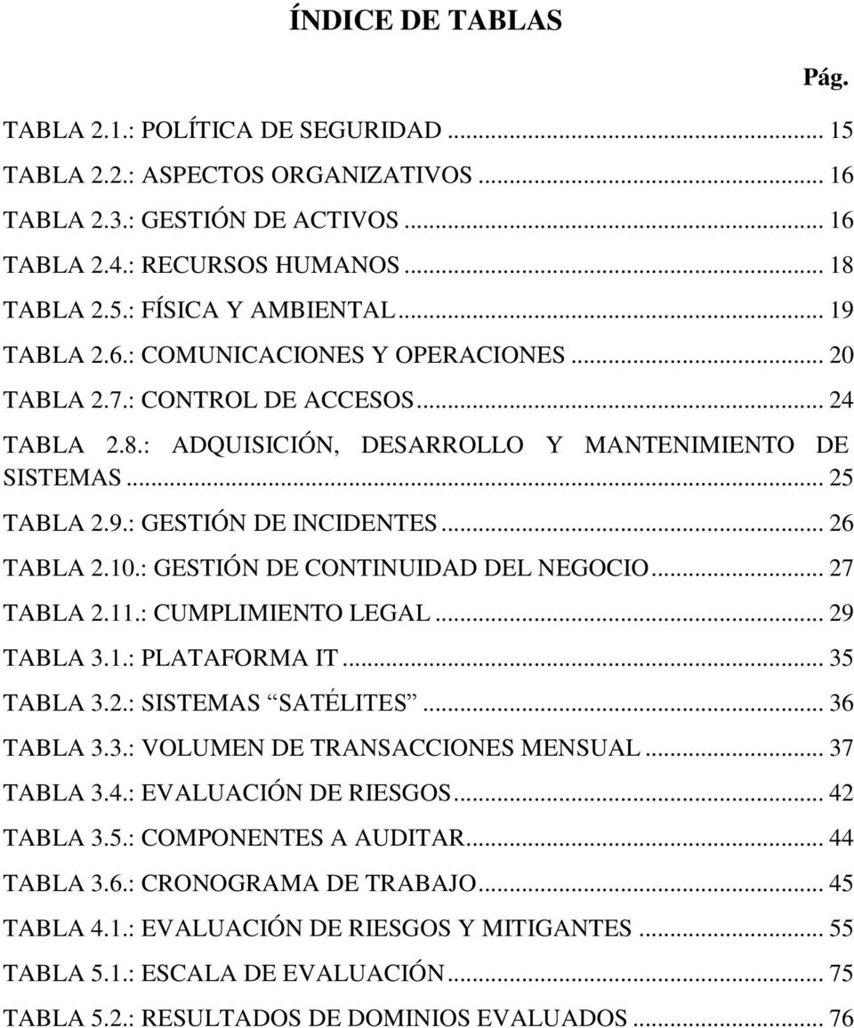 .. 26 TABLA 2.10.: GESTIÓN DE CONTINUIDAD DEL NEGOCIO... 27 TABLA 2.11.: CUMPLIMIENTO LEGAL... 29 TABLA 3.1.: PLATAFORMA IT... 35 TABLA 3.2.: SISTEMAS SATÉLITES... 36 TABLA 3.3.: VOLUMEN DE TRANSACCIONES MENSUAL.