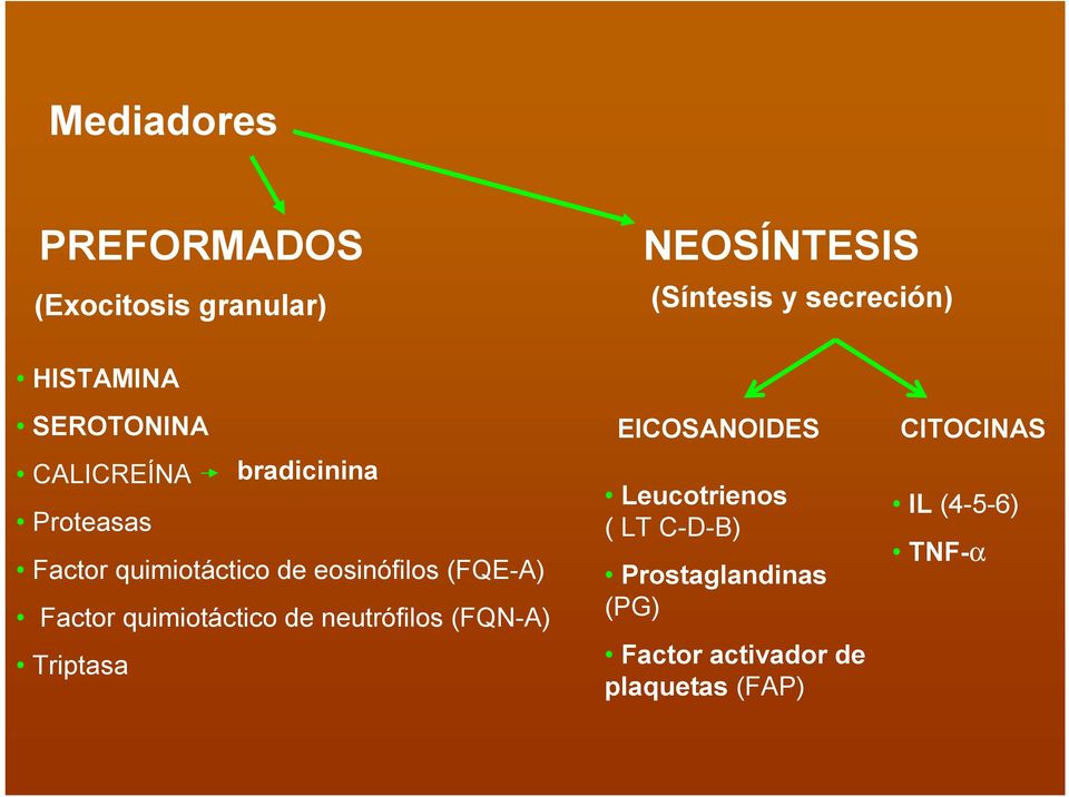 eosinófilos (FQE-A) Factor quimiotáctico de neutrófilos (FQN-A) Triptasa EICOSANOIDES