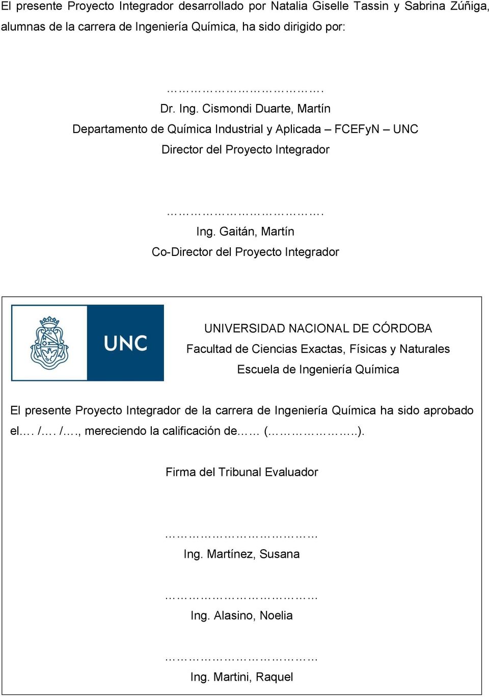 Cismondi Duarte, Martín Departamento de Química Industrial y Aplicada FCEFyN UNC Director del Proyecto Integrador. Ing.