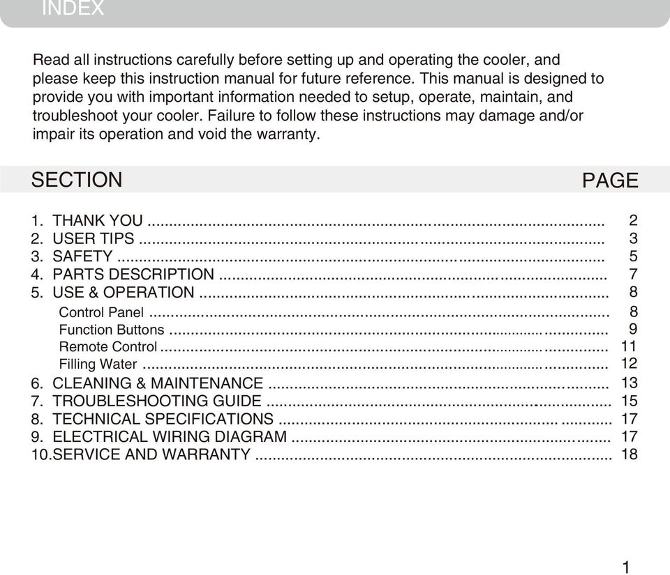Failure to follow these instructions may damage and/or impair its operation and void the warranty. SECTION PAGE 1. THANK YOU... 2 2. USER TIPS... 3 3. SAFETY... 5 4. PARTS DESCRIPTION.