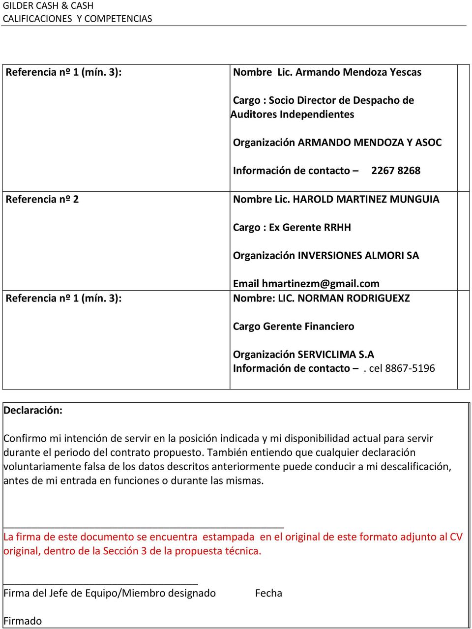 HAROLD MARTINEZ MUNGUIA Cargo : Ex Gerente RRHH Organización INVERSIONES ALMORI SA Referencia nº 1 (mín. 3): Email hmartinezm@gmail.com Nombre: LIC.
