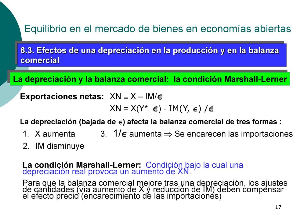 Marshall-Lerner Exportaciones netas: XN X IM/ XN = X(Y*, ) - IM(Y, ) / La depreciación (bajada de ) afecta la balanza comercial de tres formas : 1. X aumenta 2.