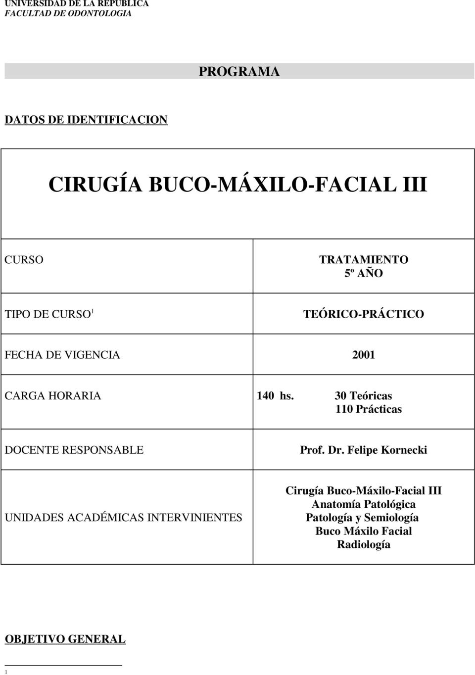 30 Teóricas 110 Prácticas DOCENTE RESPONSABLE Prof. Dr.