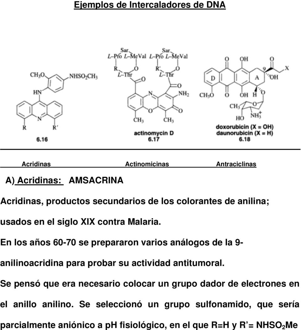 En los años 60-70 se prepararon varios análogos de la 9- anilinoacridina para probar su actividad antitumoral.