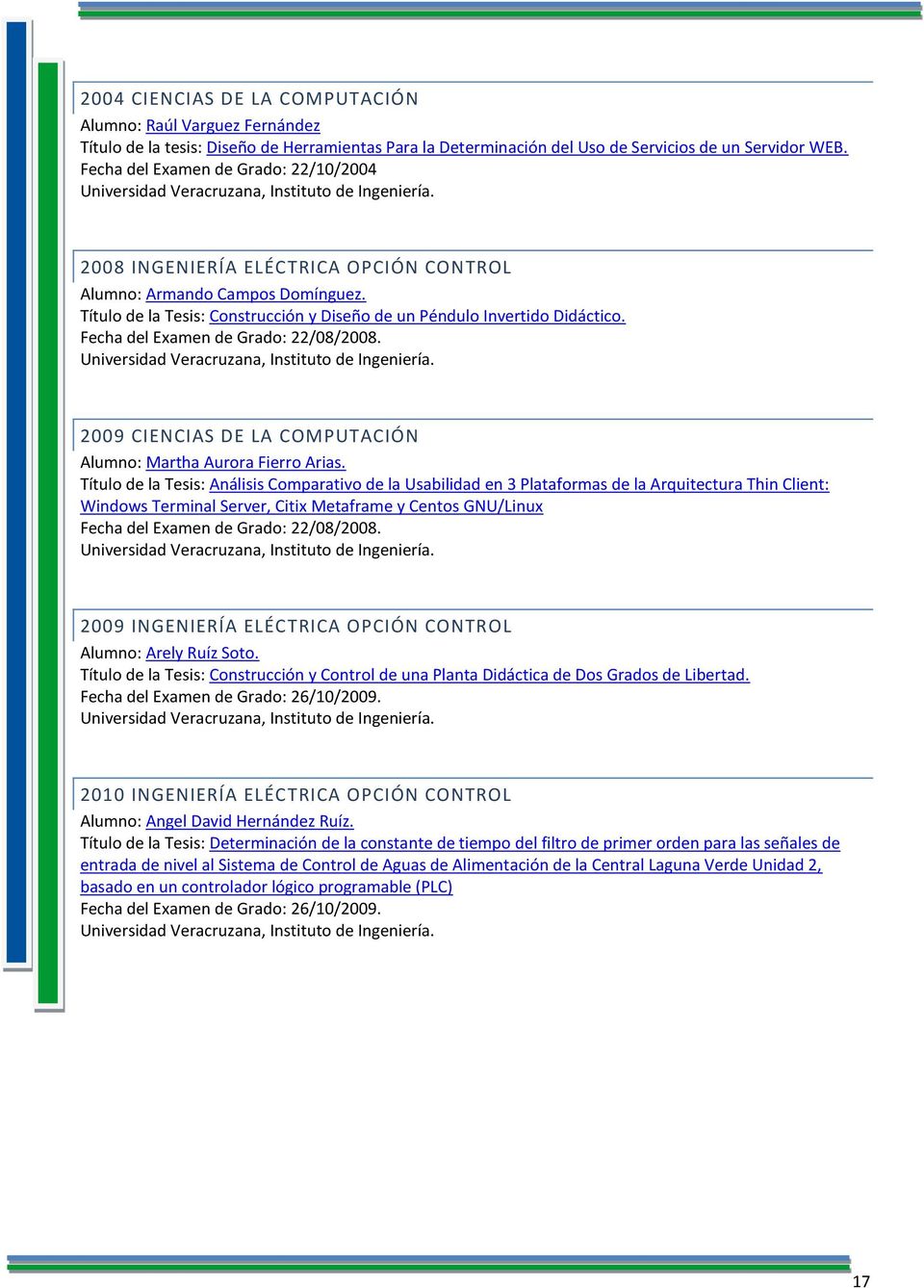 Título de la Tesis: Construcción y Diseño de un Péndulo Invertido Didáctico. Fecha del Examen de Grado: 22/08/2008. Universidad Veracruzana, Instituto de Ingeniería.