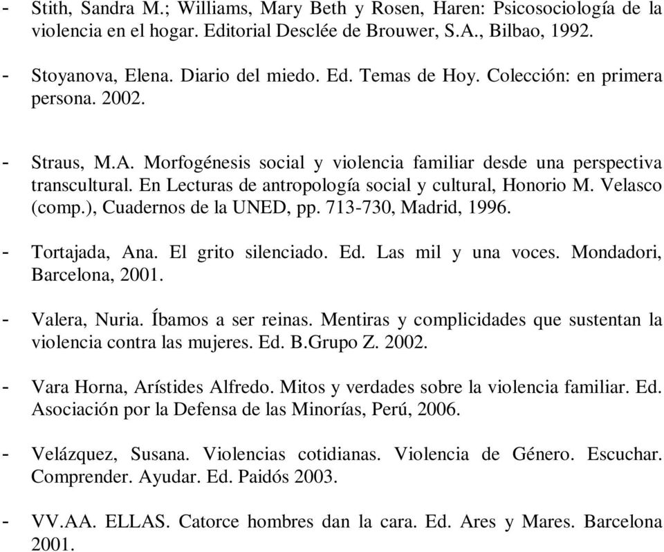 Velasco (comp.), Cuadernos de la UNED, pp. 713-730, Madrid, 1996. - Tortajada, Ana. El grito silenciado. Ed. Las mil y una voces. Mondadori, Barcelona, 2001. - Valera, Nuria. Íbamos a ser reinas.