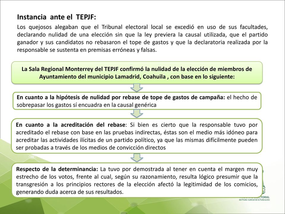 La Sala Regional Monterrey del TEPJF confirmó la nulidad de la elección de miembros de Ayuntamiento del municipio Lamadrid, Coahuila, con base en lo siguiente: En cuanto a la hipótesis de nulidad por