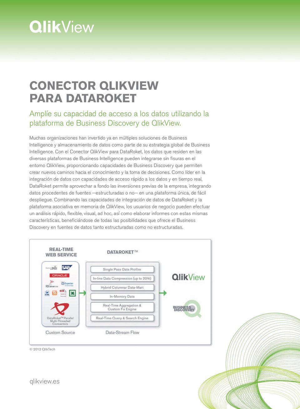 Con el Conector QlikView para DataRoket, los datos que residen en las diversas plataformas de Business Intelligence pueden integrarse sin fisuras en el entorno QlikView, proporcionando capacidades de