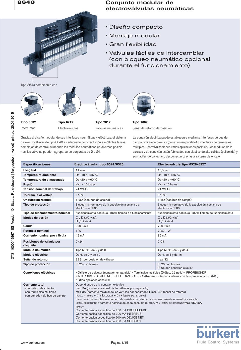 eléctricas, el sistema de electroválvulas de tipo 8640 es adecuado como solución a múltiples tareas complejas de control.
