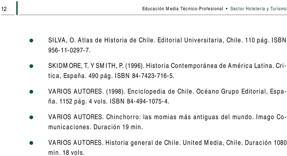 VARIOS AUTORES. (1998). Enciclopedia de Chile. Océano Grupo Editorial, España. 1152 pág. 4 vols. ISBN 84-494-1075-4. VARIOS AUTORES.