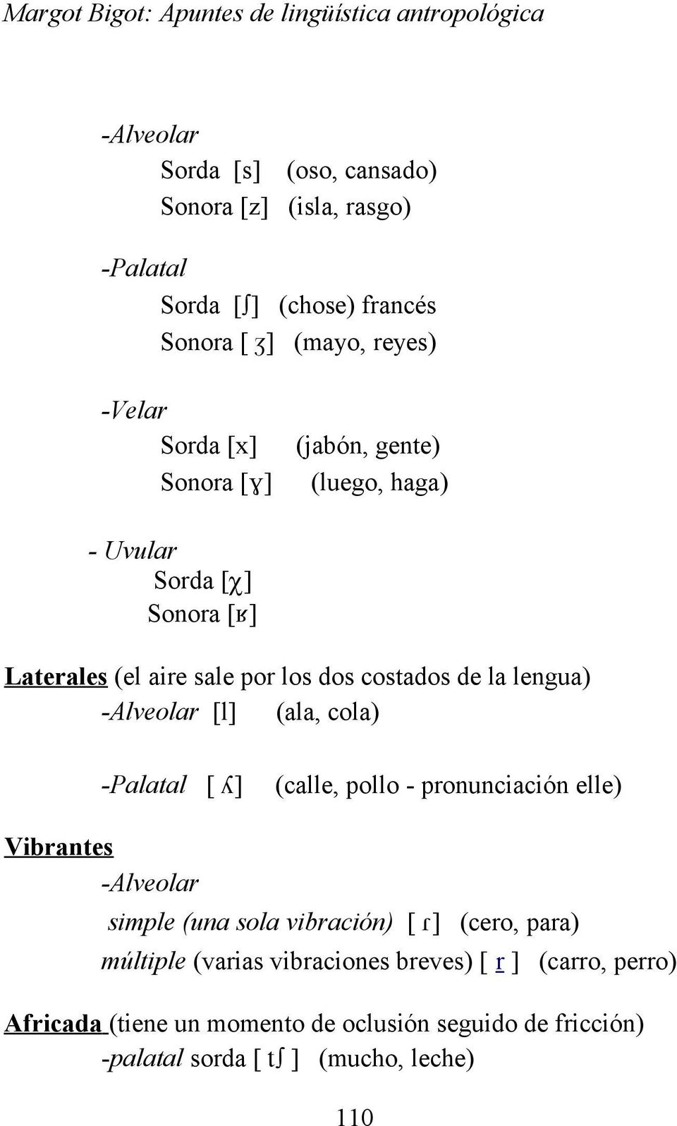 [l] (ala, cola) -Palatal [ ] (calle, pollo - pronunciación elle) Vibrantes -Alveolar simple (una sola vibración) [ ] (cero, para) múltiple