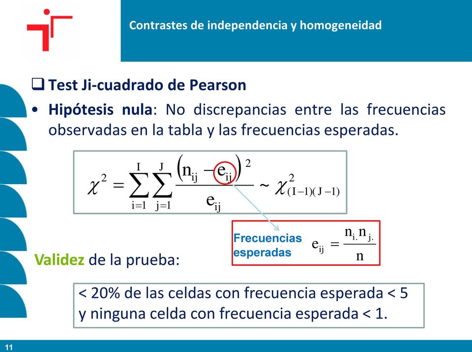 I J i1 j1 Validez de la prueba: n ij eij e ij ~ ( I 1)( J 1) Frecuencias esperadas e ij n i.
