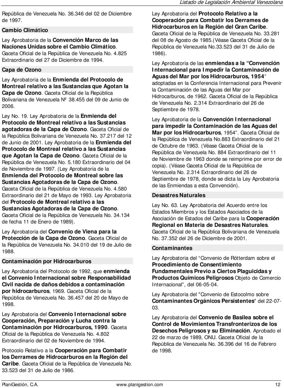 Capa de Ozono Ley Aprobatoria de la Enmienda del Protocolo de Montreal relativo a las Sustancias que Agotan la Capa de Ozono. Gaceta Oficial de la República Bolivariana de Venezuela Nº 38.