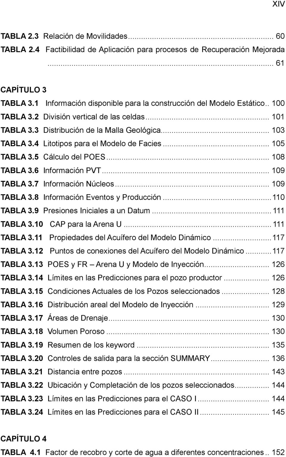 4 Litotipos para el Modelo de Facies... 105 TABLA 3.5 Cálculo del POES... 108 TABLA 3.6 Información PVT... 109 TABLA 3.7 Información Núcleos... 109 TABLA 3.8 Información Eventos y Producción.