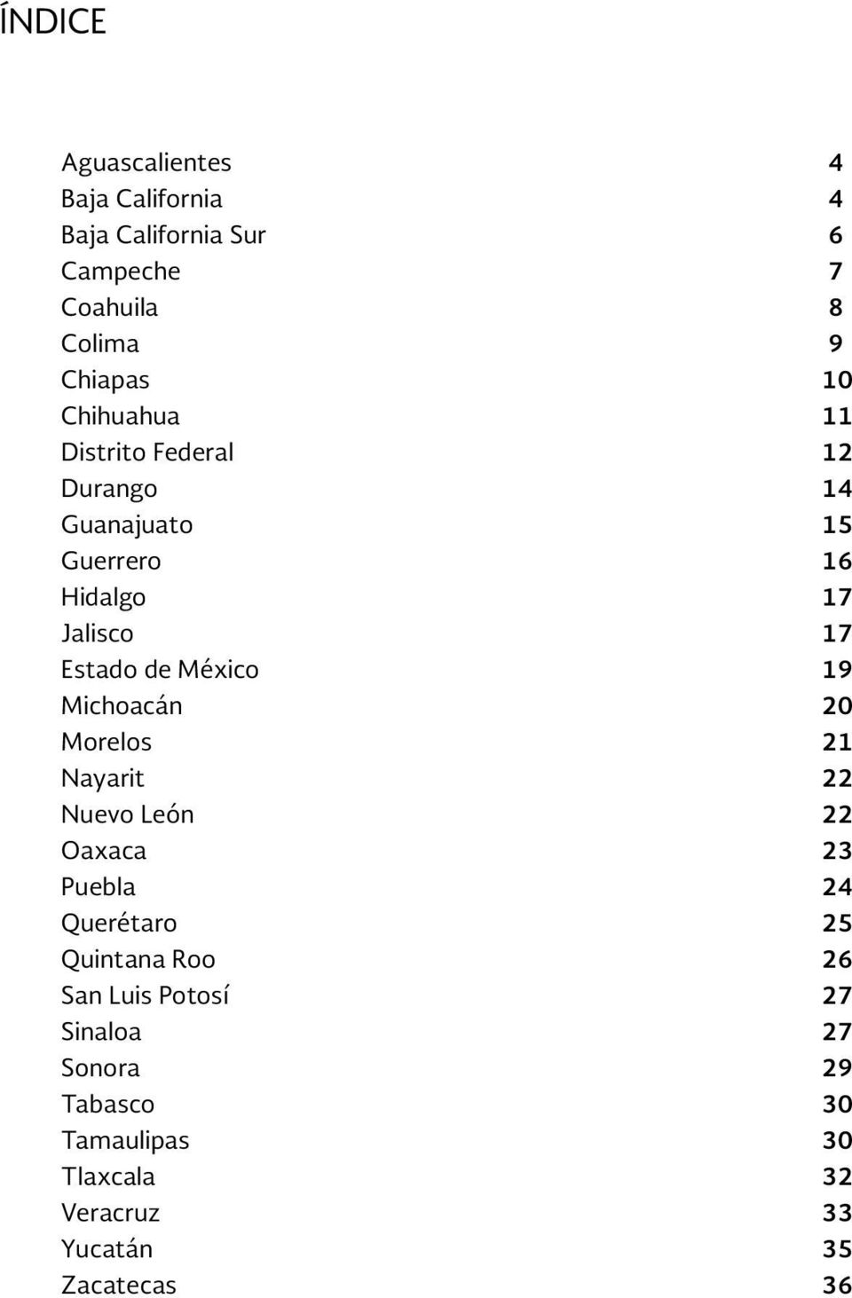 México 19 Michoacán 20 Morelos 21 Nayarit 22 Nuevo León 22 Oaxaca 23 Puebla 24 Querétaro 25 Quintana Roo