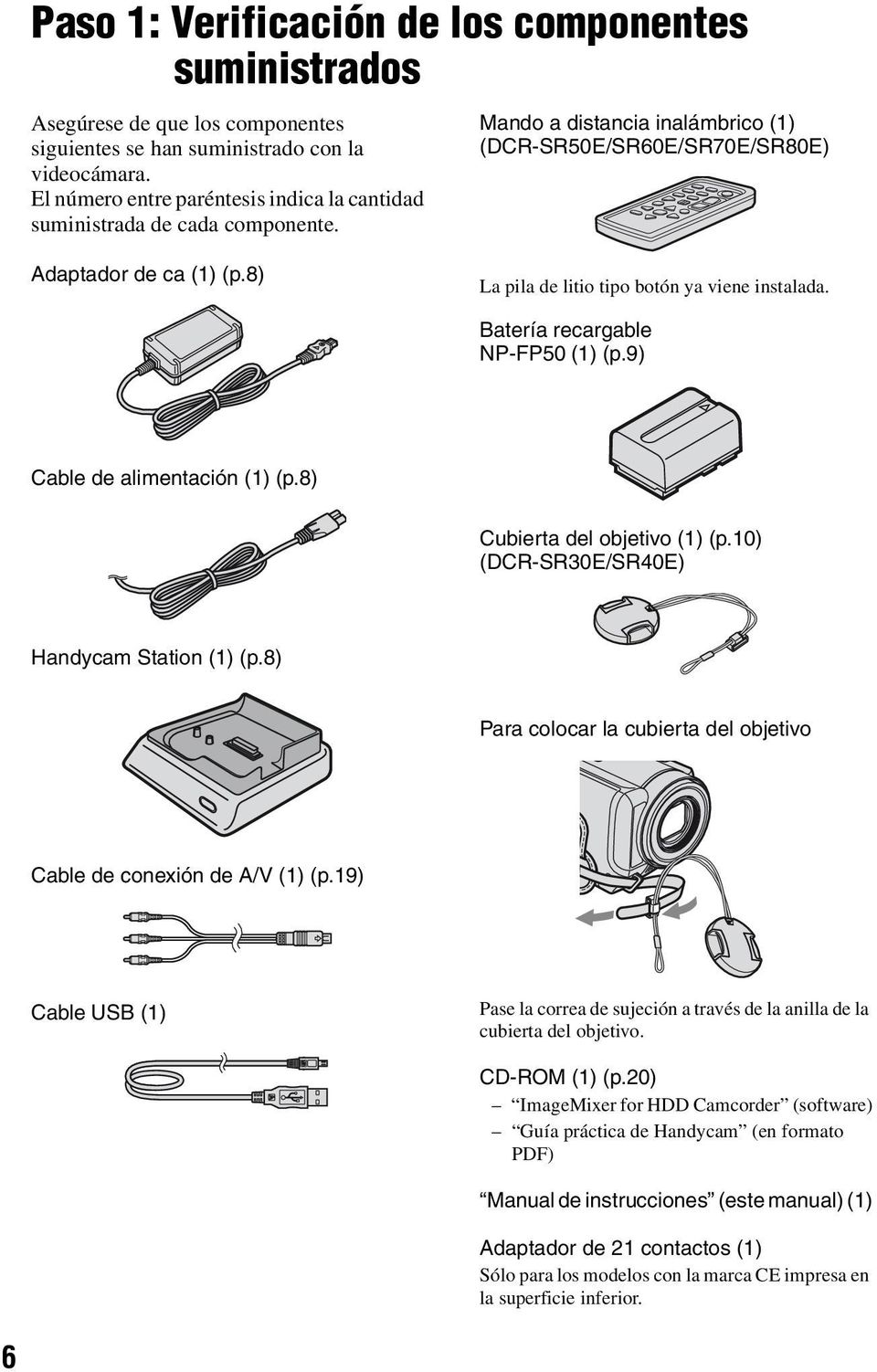 8) La pila de litio tipo botón ya viene instalada. Batería recargable NP-FP50 (1) (p.9) Cable de alimentación (1) (p.8) Cubierta del objetivo (1) (p.10) (DCR-SR30E/SR40E) Handycam Station (1) (p.