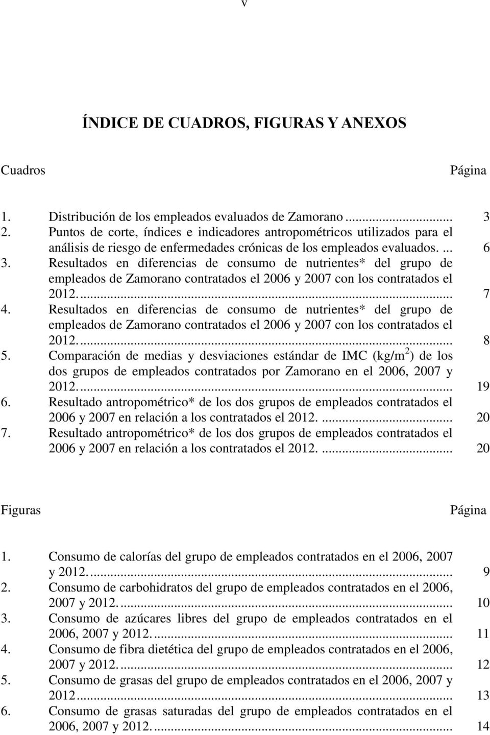 Resultados en diferencias de consumo de nutrientes* del grupo de empleados de Zamorano contratados el 2006 y 2007 con los contratados el 2012.... 7 4.