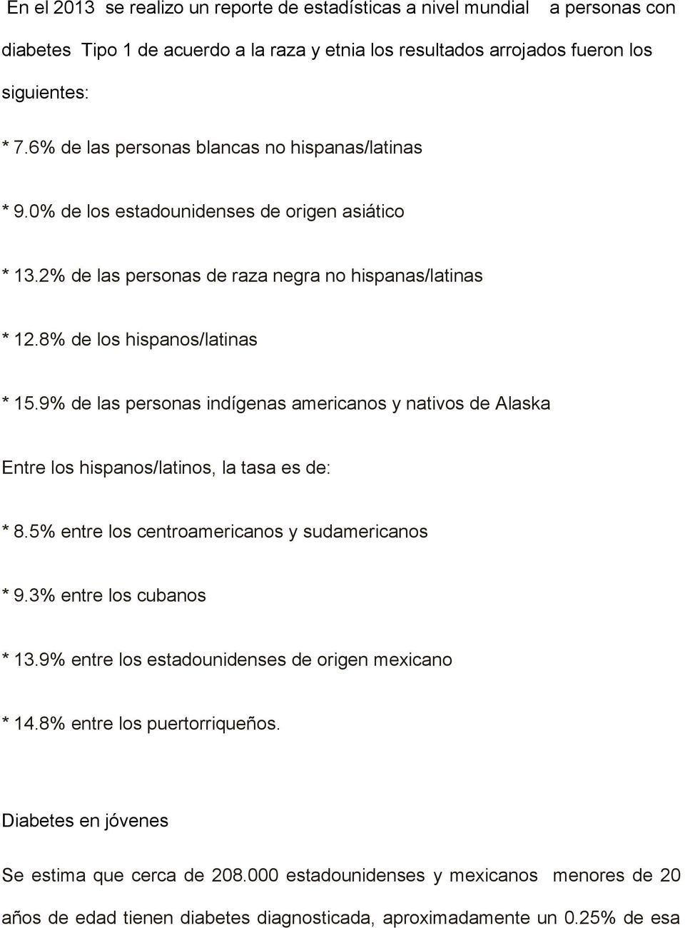 9% de las personas indígenas americanos y nativos de Alaska Entre los hispanos/latinos, la tasa es de: * 8.5% entre los centroamericanos y sudamericanos * 9.3% entre los cubanos * 13.