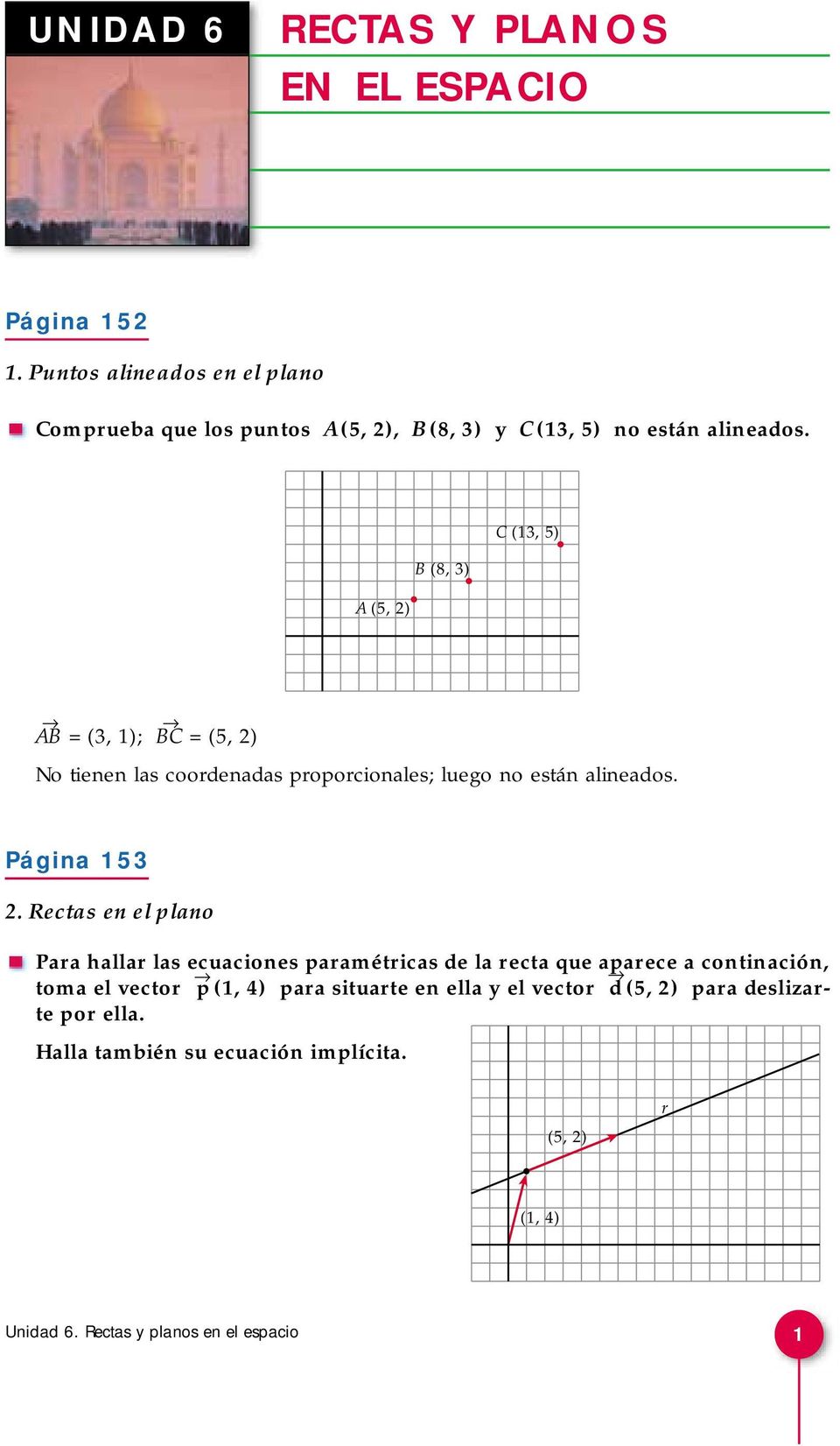 A (, ) B (8, ) C (1, ) AB = (, 1); BC = (, ) No tienen las coordenadas proporcionales; luego no están alineados. Página 1.