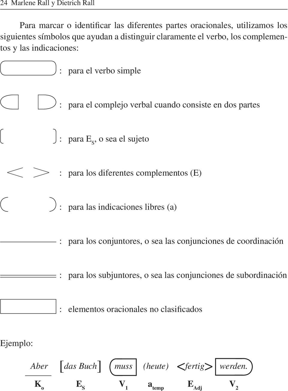 sujeto < > : para los diferentes complementos (E) : para las indicaciones libres (a) : para los conjuntores, o sea las conjunciones de coordinación : para los