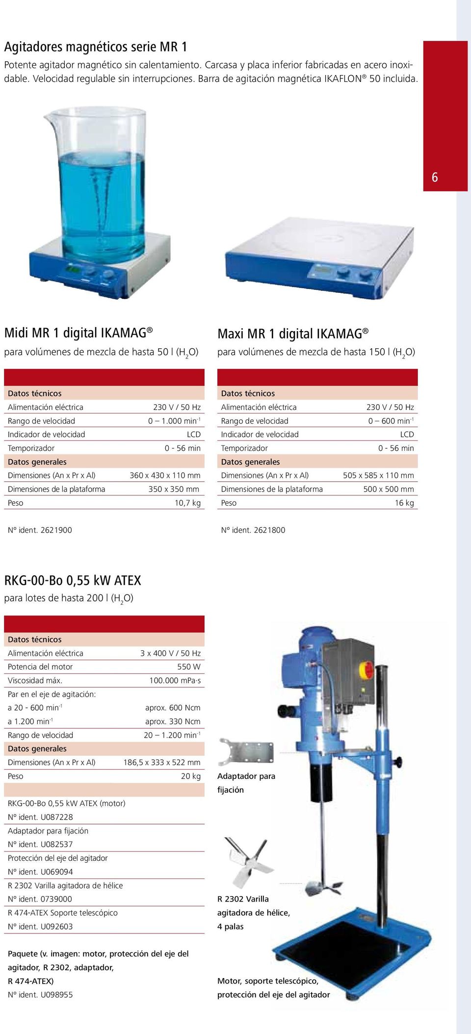 6 Midi MR 1 digital IKAMAG para volúmenes de mezcla de hasta 50 l (H 2 Maxi MR 1 digital IKAMAG para volúmenes de mezcla de hasta 150 l (H 2 230 V / 50 Hz Rango de velocidad 0 1.