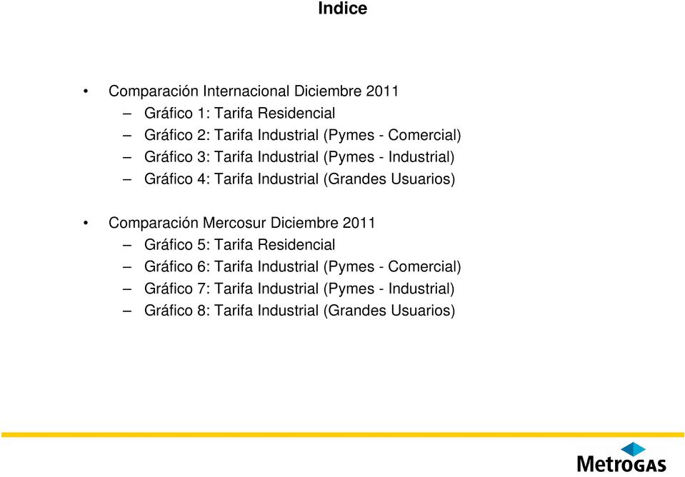 Usuarios) Comparación Mercosur Diciembre 2011 Gráfico 5: Tarifa Residencial Gráfico 6: Tarifa Industrial
