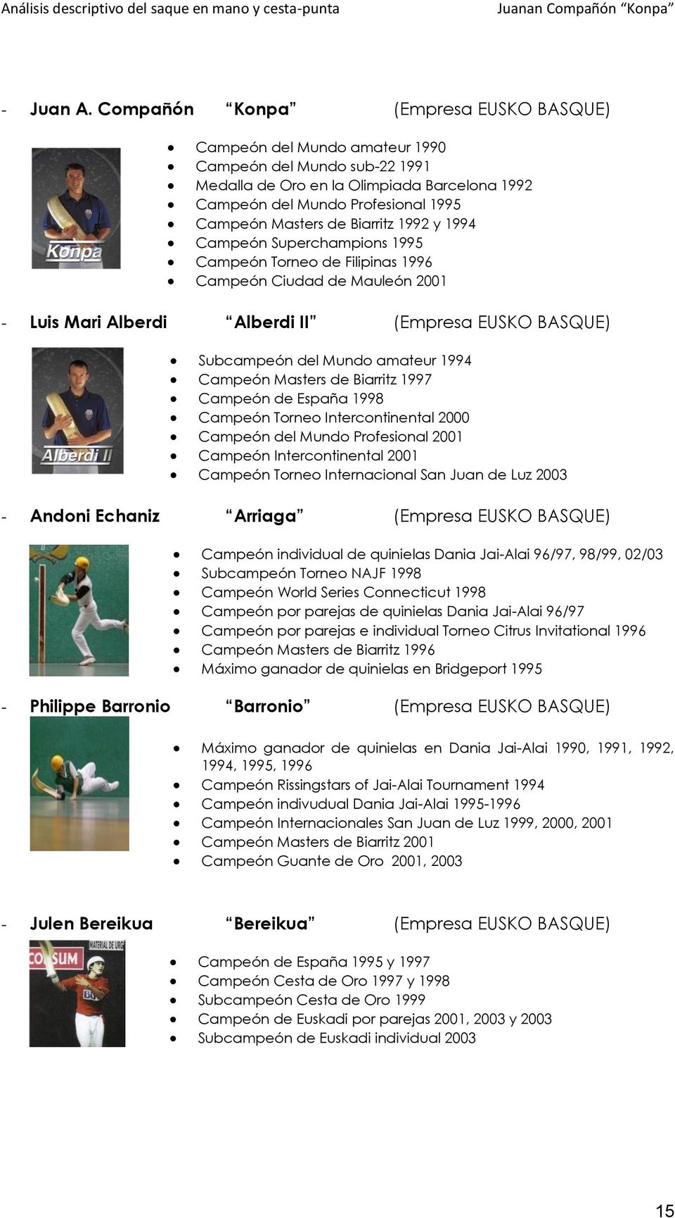 Biarritz 1992 y 1994 Campeón Superchampions 1995 Campeón Torneo de Filipinas 1996 Campeón Ciudad de Mauleón 2001 - Luis Mari Alberdi Alberdi II (Empresa EUSKO BASQUE) Subcampeón del Mundo amateur