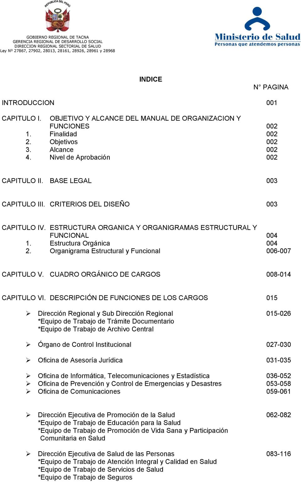 Organigrama Estructural y Funcional 006-007 CAPITULO V. CUADRO ORGÁNICO DE 008-014 CAPITULO VI.