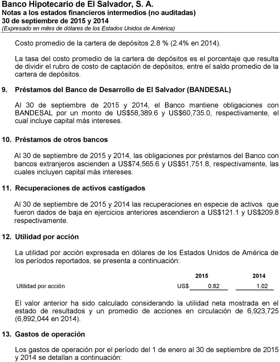 Préstamos del Banco de Desarrollo de El Salvador (BANDESAL) Al, el Banco mantiene obligaciones con BANDESAL por un monto de US$58,389.6 y US$60,735.