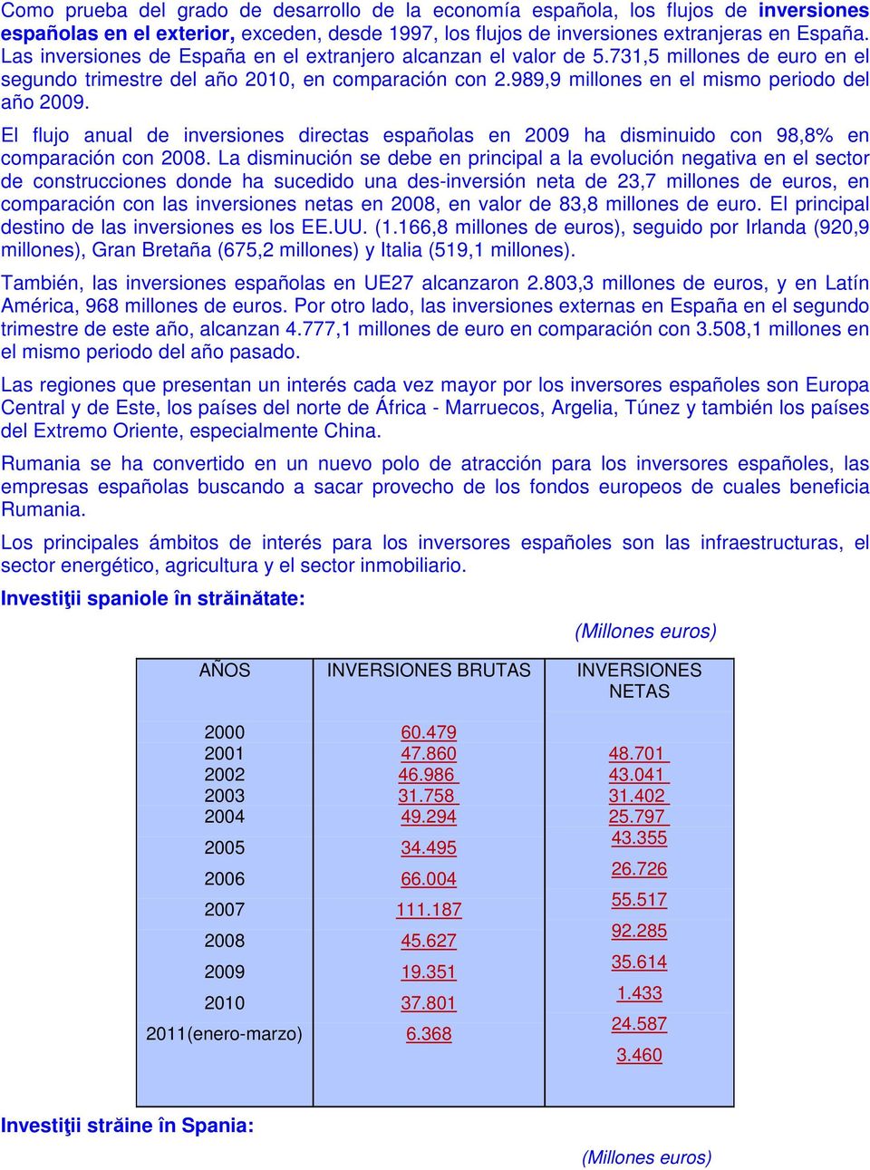 El flujo anual de inversiones directas españolas en 2009 ha disminuido con 98,8% en comparación con 2008.