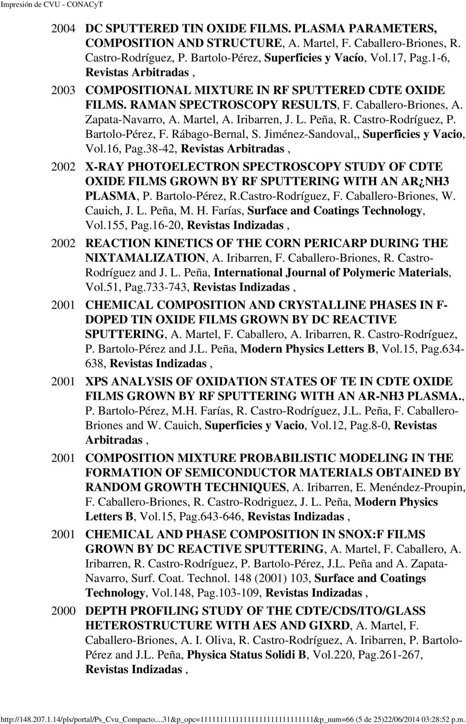 Castro-Rodríguez, P. Bartolo-Pérez, F. Rábago-Bernal, S. Jiménez-Sandoval,, Superficies y Vacio, Vol.16, Pag.