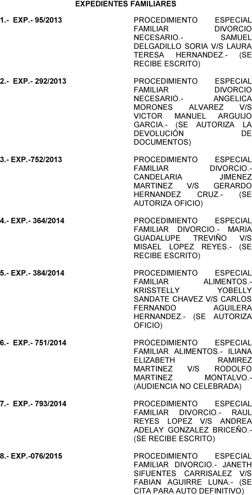 - CANDELARIA JIMENEZ MARTINEZ V/S GERARDO HERNANDEZ CRUZ.- (SE AUTORIZA OFICIO) 4.- EXP.- 364/2014 PROCEDIMIENTO ESPECIAL DIVORCIO.- MARIA GUADALUPE TREVIÑO V/S MISAEL LOPEZ REYES.