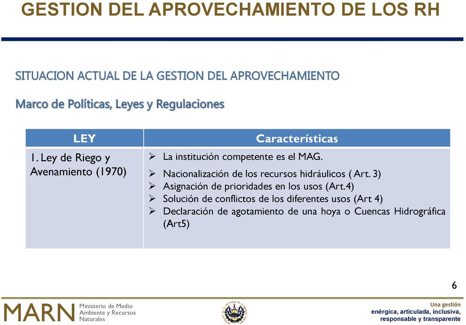 Nacionalización de los recursos hidráulicos ( Art. 3) Asignación de prioridades en los usos (Art.
