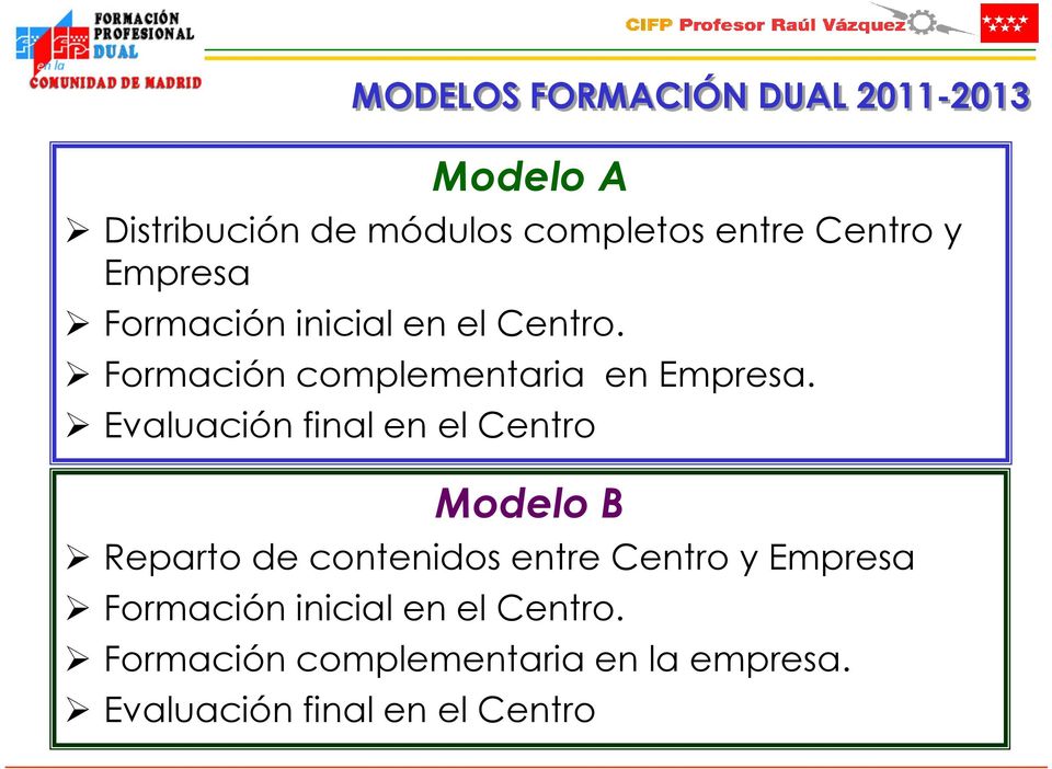 Evaluación final en el Centro Modelo B Reparto de contenidos entre Centro y Empresa