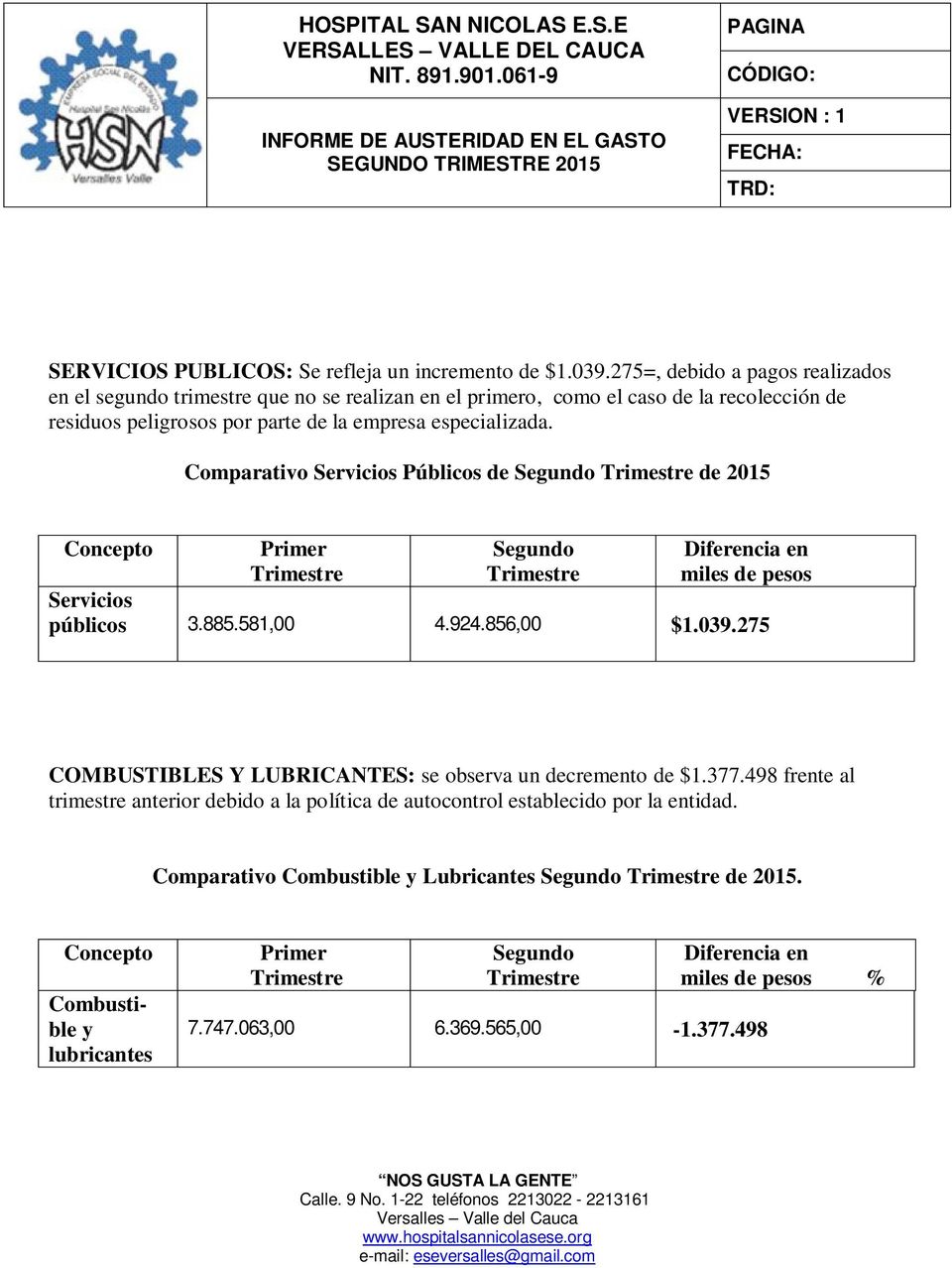empresa especializada. Comparativo Servicios Públicos de de 2015 Diferencia en miles de pesos Servicios públicos 3.885.581,00 4.924.856,00 $1.039.