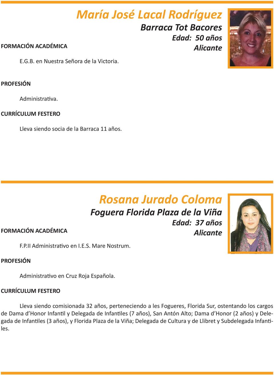 Rosana Jurado Coloma Foguera Florida Plaza de la Viña Edad: 37 años Lleva siendo comisionada 32 años, perteneciendo a les Fogueres, Florida Sur, ostentando