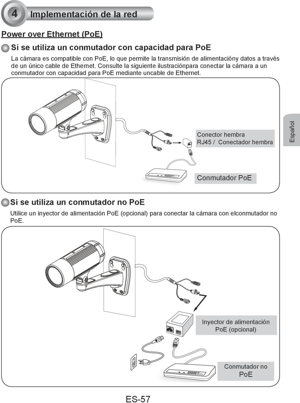 Consulte la siguiente ilustraciónpara conectar la cámara a un conmutador con capacidad para PoE mediante uncable de Ethernet.