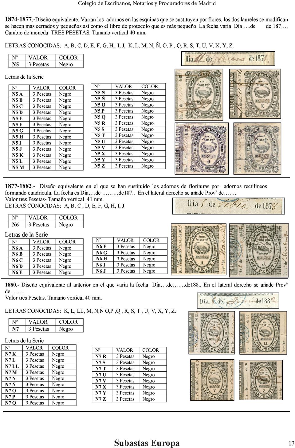 .de de 187. Cambio de moneda TRES PESETAS. Tamaño vertical 40 mm. LETRAS CONOCIDAS: A, B, C, D, E, F, G, H, I, J, K, L, M, N, Ñ, O, P, Q, R, S, T, U, V, X, Y, Z.