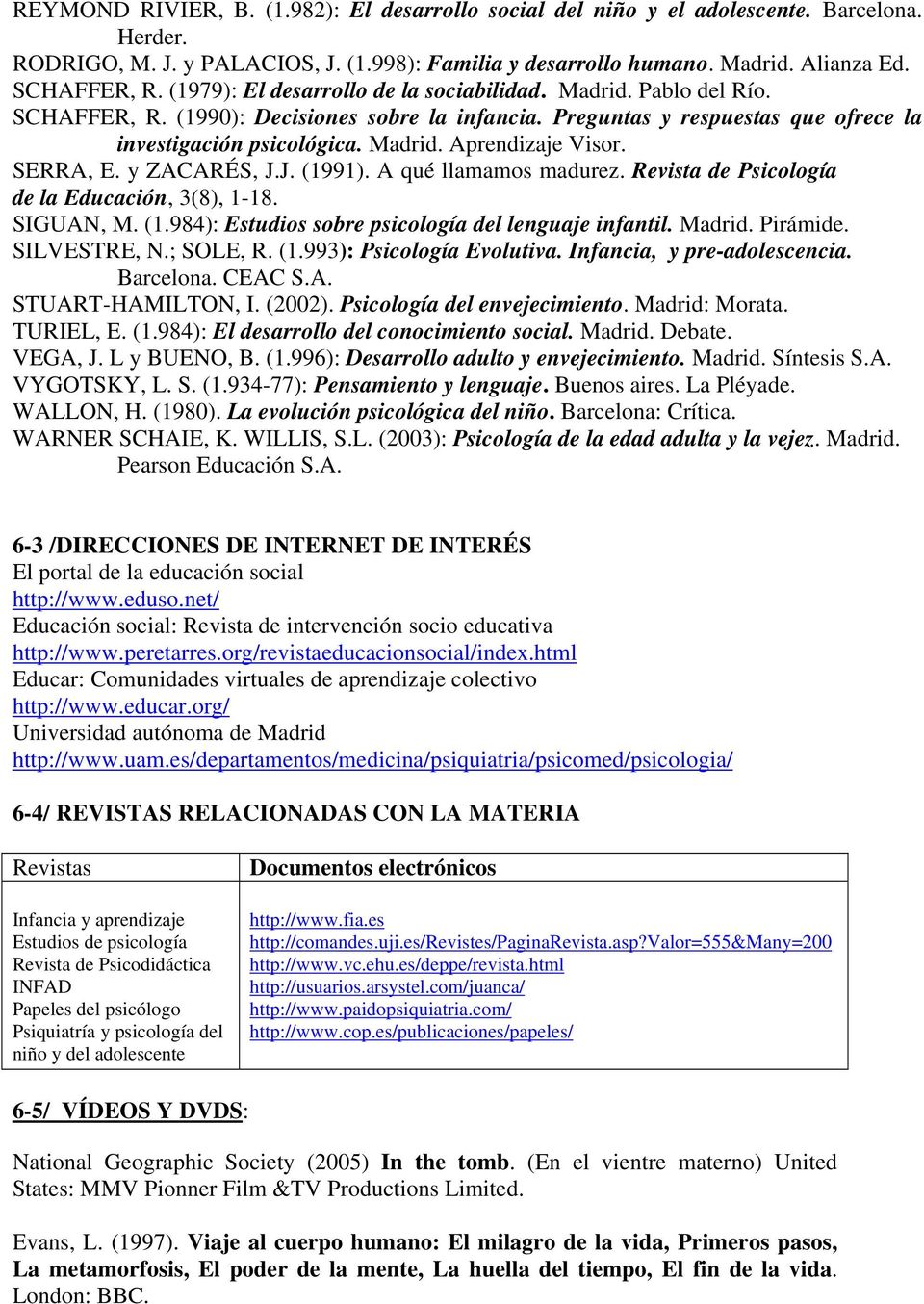 SERRA, E. y ZACARÉS, J.J. (1991). A qué llamamos madurez. Revista de Psicología de la Educación, 3(8), 1-18. SIGUAN, M. (1.984): Estudios sobre psicología del lenguaje infantil. Madrid. Pirámide.
