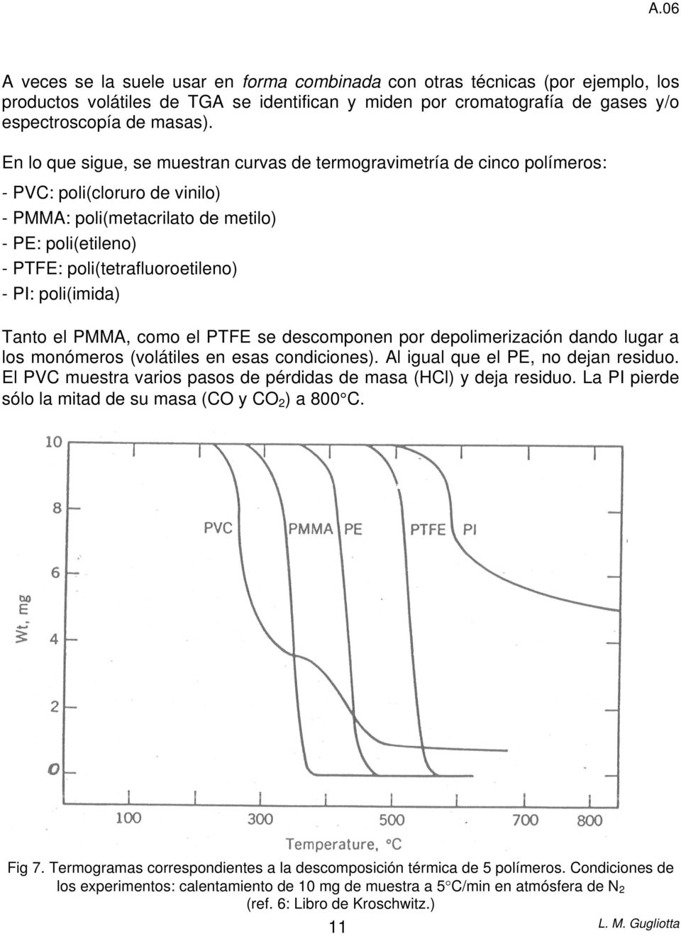 PI: poli(imida) Tanto el PMMA, como el PTFE se descomponen por depolimerización dando lugar a los monómeros (volátiles en esas condiciones). Al igual que el PE, no dejan residuo.