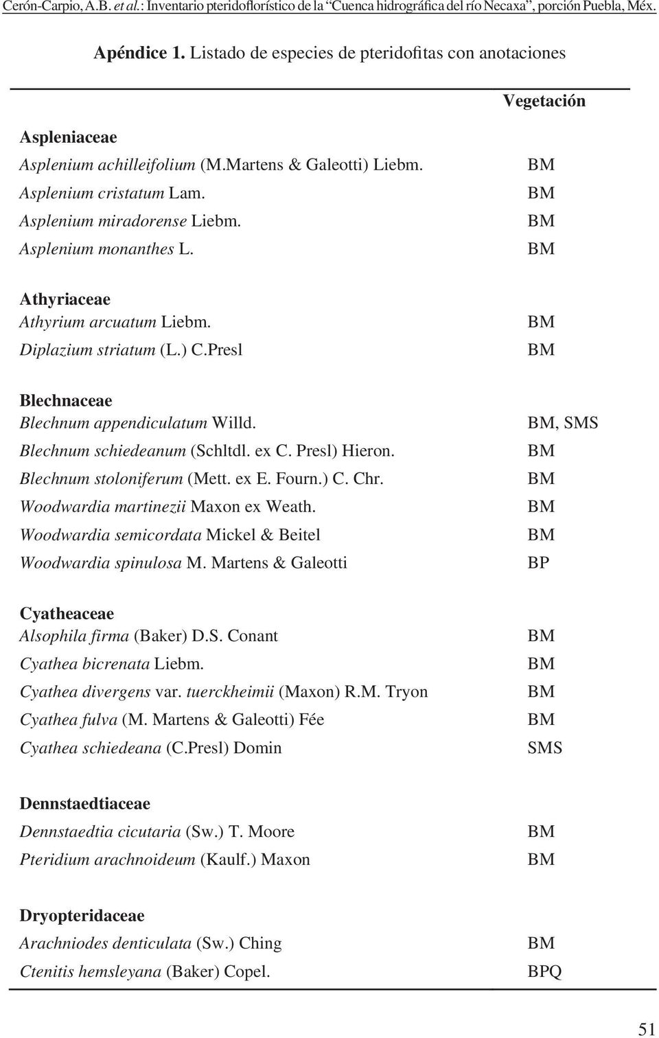 Asplenium monanthes L. Athyriaceae Athyrium arcuatum Liebm. Diplazium striatum (L.) C.Presl Blechnaceae Blechnum appendiculatum Willd. Blechnum schiedeanum (Schltdl. ex C. Presl) Hieron.